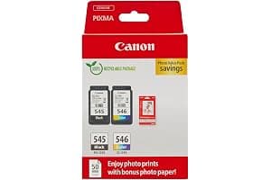 Canon Ink & Paper Multipack - PG-545/CL-546 Genuine Printer Ink Cartridges 2 Pack (1 x Black, 1 x Colour) & 4x6 Photo Paper (50 x Sheets) For TS3350, TS4550, TS3450, TS3150, TR4650, MX495