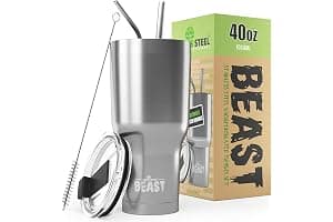 Beast Tumbler - 1100 ml (40 oz), Silver | Reusable Stainless Steel, Vacuum Insulated Cup | with + 2 Straws & Cleaning Brush | Double Wall Travel Flask Perfect for Hot or Iced Coffee | BPA Free