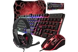 Gaming Keyboard and Mouse and Mouse pad and Gaming Headset, Wired LED RGB Backlight Bundle for PC Gamers Users - 4 in 1 Gift Box Edition Hornet RX-250