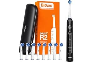 Cepillo Eléctrico Bitvae R2, Doble Poder de Limpieza, Suave con las Encías, Recarga Cada 30 Días, 5 Modos, Sensor de Presión, 8 Cabezales y 1 Estuche de Viaje, Negro