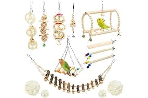 Allazone 14 Pz Juguetes para Pájaros, Escalera de Madera, Pájaros Juguetes con Campanas Que Cuelga la Perca Juguete para Pequeños y Medianos Loros de Aves