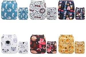 ALVABABY Pack 6pcs Pañales de tela ajustables y lavables de bolsillo + 12 insertos 6DM19-ES