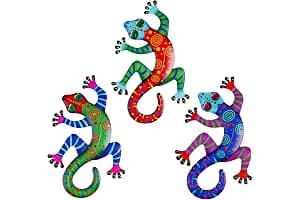 OFFCUP Metal Gecko Wall Decor, 3pcs Garden Ornaments Wall Art Outdoor Garden Decorations Wall Fence Sculpture Hanging for Outdoor Backyard Porch Home Patio Lawn Fence Decorations Wall Sculptures