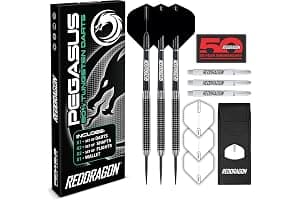 RED DRAGON Pegasus Juego de Dardos Profesionales con Punta de Acero de tungsteno Disponible en 21, 23, 24, 25, 26, 28, 30 Gramos con Plumas, Tallos (Ejes) y Billetera