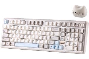YUNZII B98 PRO QMK/VIA Wireless Mechanical Gaming Keyboard, 96% Layout with Numpad and Cute Cat Knob, BT/2.4G/USB-C, Pre-Lubed Switch Hot Swap Gasket, RGB for Win/Mac (Beige, Milk V2 Linear Switch)