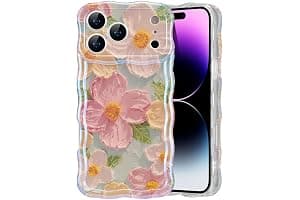EYZUTAK Case for iPhone 17 Pro, Colorful Retro Oil Painting Printed Flower Laser Glossy Pattern Cute Curly Wave Edge Exquisite Phone Cover Stylish Durable TPU Protective Case for Girl Women-Green