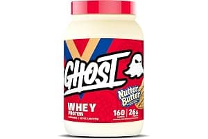 GHOST Whey Protein Powder, Nutter Butter - 2LB, 26G of Protein - Whey Protein Blend - Post Workout Fitness & Nutrition Shakes, Smoothies, Baking & Cooking - Cookie Pieces Inside
