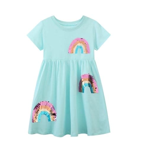 Winzik Toddler Summer Dress, Little Girls Short Sleeve Cotton Casual Dresses Unicorn Easter Clothes 2-8 Years (2-3T, Rainbow Green)
