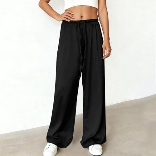 Womens Satin Wide Leg Dress Pants Silk Casual Dressy Flowy Long Pants Drawstring Elastic High Waisted Trousers S-3XL Black