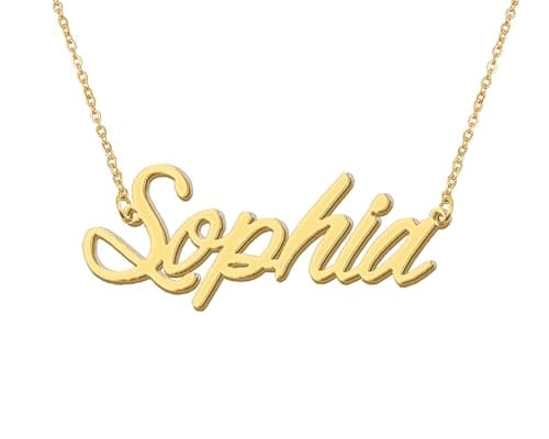Aoloshow Sophia Name Charm Necklace for Womens 18k Gold Plated Stainless Steel Nameplate Jewelry for New Mom