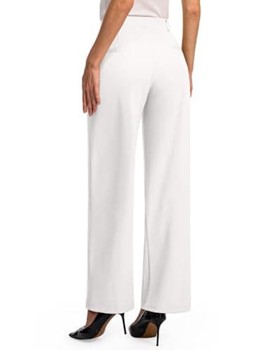 Feiersi Womens Dress Pants Wide Leg Pull On Stretchy Work Pants High Waisted Business Trousers with Pockets(White,Large)
