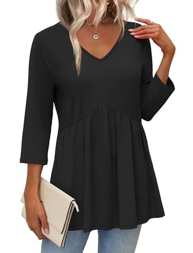 3/4 Length Sleeve Womens Tops 2026 Fall Clothes Summer Clothes Blouses for Women Business Casual Outfits Fashion Clothing Black Tops S
