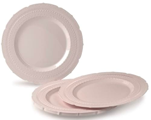 " OCCASIONS " 50 Plates Pack (25 Guests)-Extra Heavyweight Vintage Wedding Disposable/Reusable Plastic Plates -25 x 11'' Dinner + 25 x 8.25'' Salad/dessert (Chateau Blush Pink)