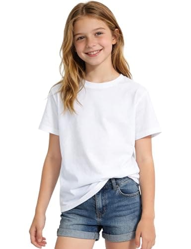 Auranso Girls Shirts Short Sleeve Cotton Kids T-Shirts Plain Basic Tee Clothes Summer Tops for Girls 7-8 Years White