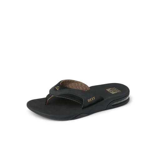 REEF Fanning Mens Bottle Opener Flip Flop, Arch Support, Durable Outsole, Water Friendly, Black/Brown, 11
