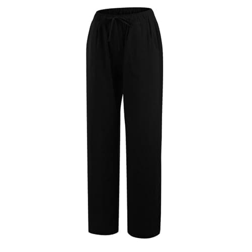 Women's Linen Pants Drawstring Flowy Wide Leg Summer Pants for Travel Vacation Comfy Palazzo Trousers with Pockets