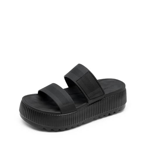 DREAM PAIRS Waterproof Slip On Platform Sandals,All Black,8