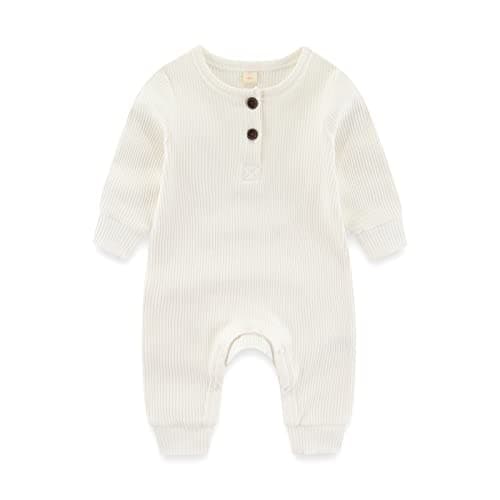 Newborn Baby Boys Girls One Piece Romper With Mitten Cuffs 3 Pack Long Sleeve Ribbed Button Jumpsuit Outfit Clothes white+blue+green 3 months