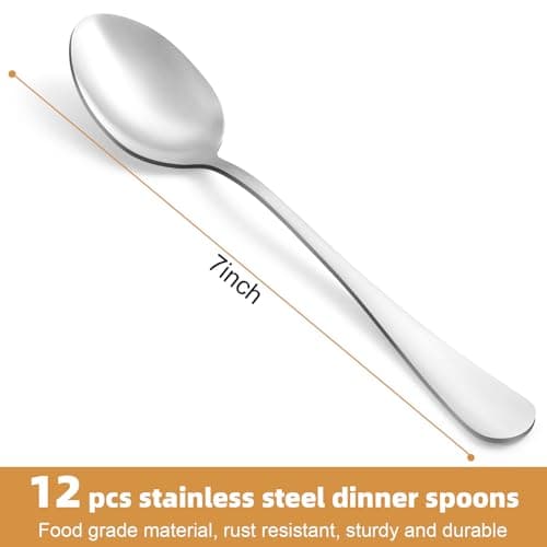 12 Pcs Dinner Spoons Set, Food-Grade Stainless Steel Tablespoons, Durable Metal Table Spoon, Cutlery Soup Spoons Silverware for Home, Kitchen or Restaurant, Mirror Polished, Dishwasher Safe - 7 Inch