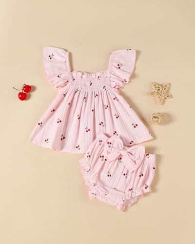 FAMIHAO Sister Matching Outfits Baby Girl Summer Clothes Cute Ruffle Tops Dress Shorts Set Infant Bloomers Princess Outfit,Cherry&Pink 6-12M