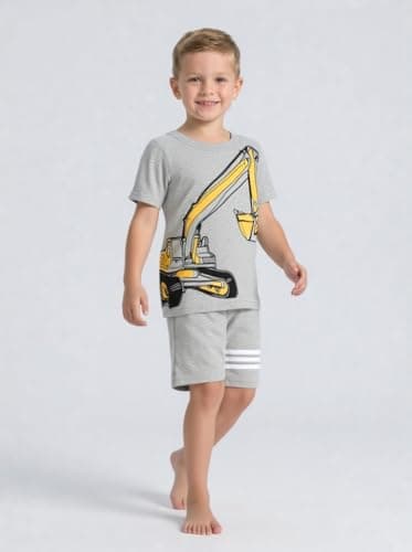 Toddler Boy Summer Outfits Clothes, Kids Boys Short Sleeve Cotton T-Shirt and Shorts Clothing Sets 2-7T (2-3T, Grey Excavator)