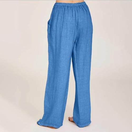 Women's Flowy Pants Summer Cotton Linen Comfy Palazzo Pants with Pockets Loose Fit High Waisted Trousers Beach Slacks