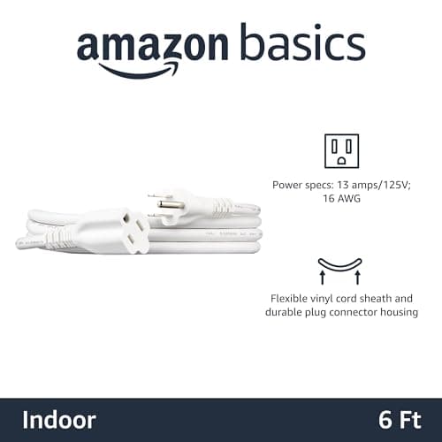 Amazon Basics Extension Cord, 3 Prong Outlet Extender, Indoor, 13 Amps, 125V, 6 Ft, White
