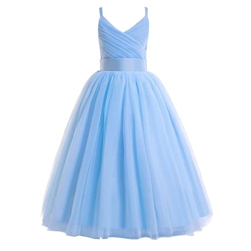 Glamulice Flower Girl Dress Sky Blue Lace Bridesmaid Long A Line Princess Wedding Pageant Dresses Tulle Spaghetti Strap 11 12 Kids Formal Communion Dance Ball Gown Elegant Ballgown Graduation New Year
