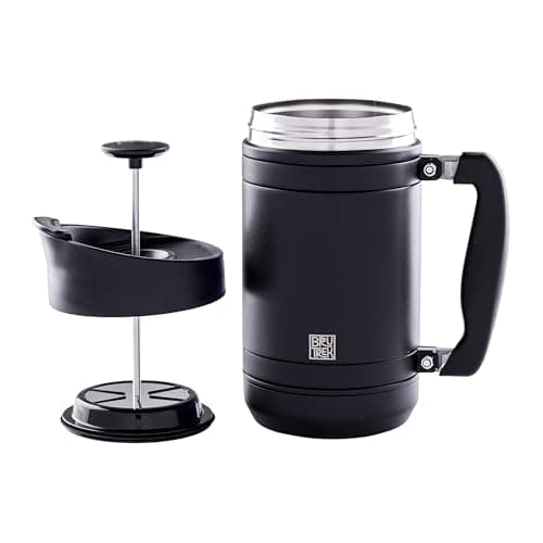 BruTrek® by Planetary Design BaseCamp Coffee Press - Double Wall Insulated Stainless Steel - Bru-Stop Technology, No Grounds in Coffee, No Spill Lid (Obsidian, 32 fl.oz)