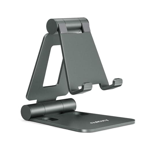 Nulaxy Dual Folding Cell Phone Stand, Fully Adjustable Foldable Desktop Phone Holder Cradle Dock Compatible with iPhone 17 16 15 14 13 12 11 Pro Max Xs Xr X 8, Nintendo Switch, All Phones - Gray