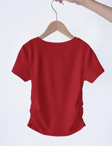 Arshiner Short Sleeve Shirts Girls Red Side Ruched Tops for Teen Girls Round Neck Kids Casual Soft Blouses 11-12 Years