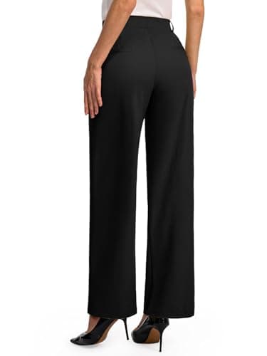 Feiersi Womens Dress Pants Wide Leg Pull On Stretchy Work Pants High Waisted Business Trousers with Pockets(Black,Small)
