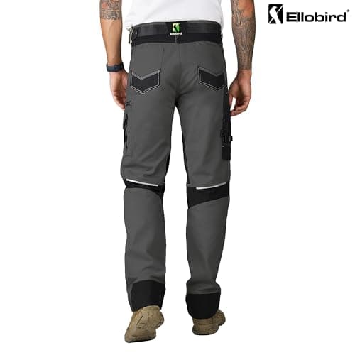 Ellobird Men's Construction Work Utility Pants Relaxed Fit Stretch Flex Cordura Double Knee Reinforcement Carpenter Cargo,(Blackened Pearl + Knee Pads,32W x 30L)