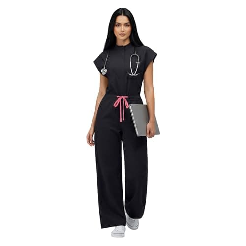 VIAOLI Women's Medical Scrub Jumpsuit - Mandarin Collar, with Drawstring Waist for Nursing Uniforms (S,Black)