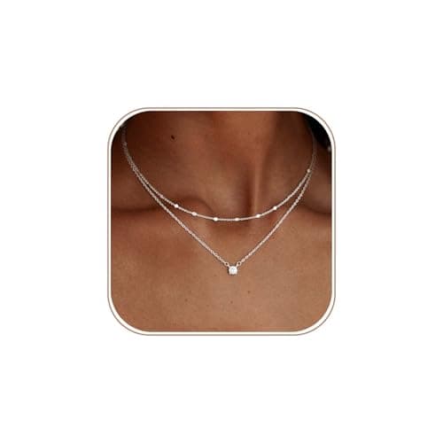 Coshilta Layered Silver Necklace for Women Trendy,Dainty 14K Silver Plated CZ Pendant Layered Gold Necklaces Set Choker Necklaces Simple Cubic Zirconia Necklace Stack Chain Jewelry Gift