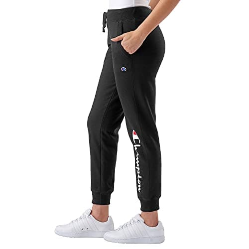 Champion Women's Joggers, Powerblend, Fleece Joggers, Comfortable Pants for Women, 29" (Plus, Black Script, Medium