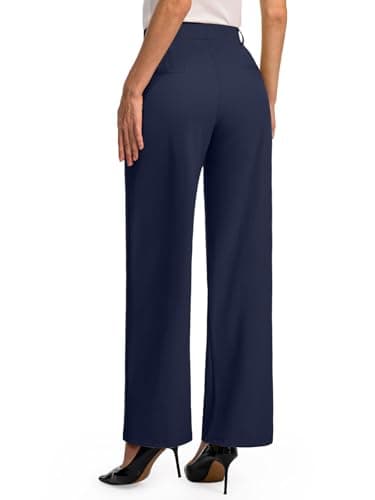 Feiersi Womens Dress Pants Wide Leg Pull On Stretchy Work Pants High Waisted Business Trousers with Pockets(Navy Blue,Large)