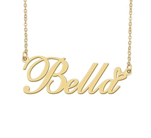 Aoloshow Bella Name Necklace Heart Charm Pendant 18k Gold Plated Stainless Steel Jewelry for Womens Graduation