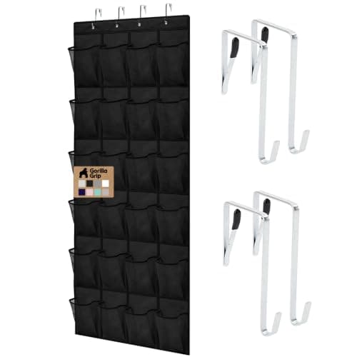 GORILLA GRIP Over the Door Shoe Organizer, 24 Large Breathable Mesh Pockets, Space Saving Hanging Storage Holder, Closet Rack Hanger Holds Up to 40 lbs, Hangs on Closets for Shoes, Accessories, Black