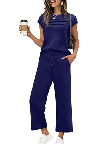 WIHOLL Business Casual Outfits for Women Summer Cruise Resort Wear 2026 2 Piece Comfy Travel Set Womens Clothing Cozy Lounge Sets Conjuntos De 2 Piezas Para Mujer Navy Blue M