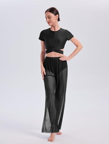 ODASDO Lyrical Dance Costume Women Modern Contemporary Two Piece Outfit Short Sleeve Crop Tops with Mesh Wide Leg Pants Set, Black, X-Small
