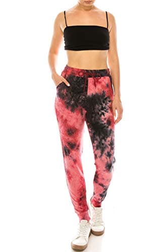 Leggings Depot Women's Jogger Track Cuff Sweatpants with Pockets for Yoga, Workout, Raspberry Tie Dye, 2X