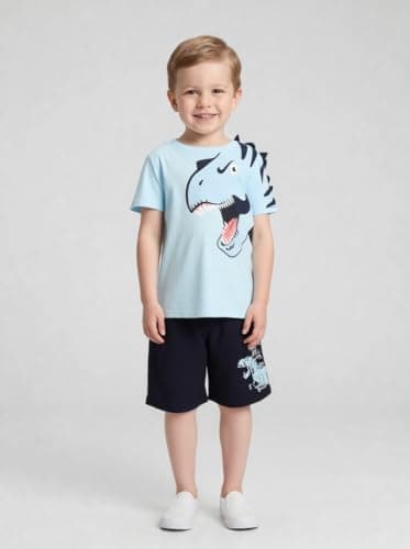 Toddler Boy Summer Outfits Clothes, Kids Boys Short Sleeve Cotton T-Shirt and Shorts Clothing Sets 2-7T (4-5T, Blue Dinosaur)