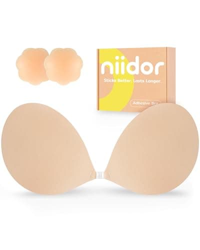 Niidor Adhesive Bra Strapless Ultra Sticky Invisible Push up Silicone Bra Multiple Colors Sizes Reusable for Backless Dress