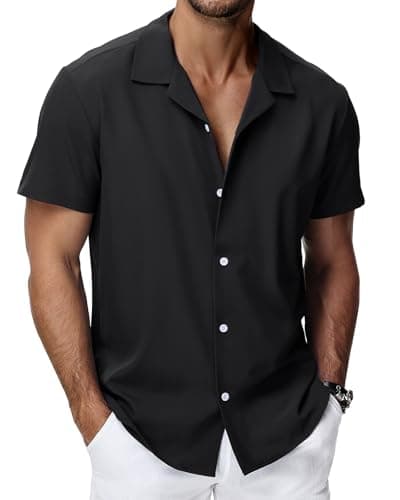 HMIYA Mens Shirts Hawaiian Short Sleeve Button Up Shirt Men Beach Vacation Casual Summer Chemise Homme Solid Color Black