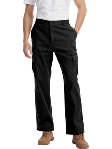 WORK IDEA Men's Stretch Cargo Pants, Relaxed Fit Flex Cotton Utility Trousers with 6 Pockets for Work, Outdoor & Travel, Black, 38W x 30L