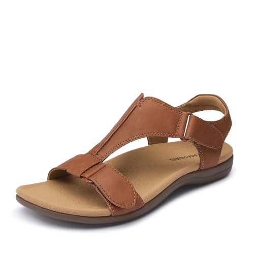 DREAM PAIRS Women Arch Support Walking Flat Sandals,Tan,8.5