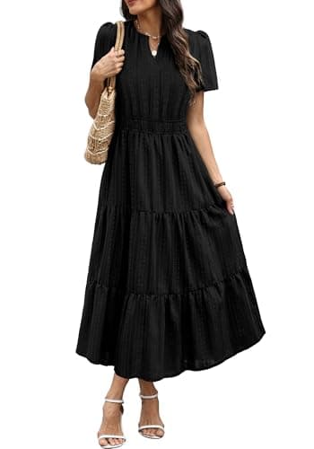 RUMIA Maxi Dress for Women Summer Linen V Neck Elastic Waist Lightweight Vacation Dress Black L