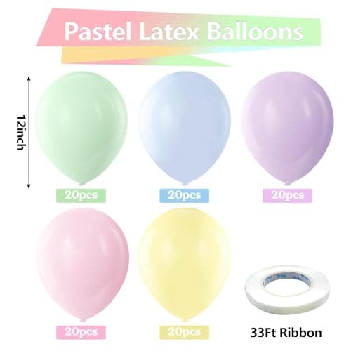 Bezente Pastel Balloons Latex Party Balloons, 100 Pack 12 inch Round Helium Multicolor Macaron Balloons for Birthday Rainbow Party Baby Shower Wedding Decorations