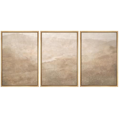 SIGNFORD Framed Canvas Print Wall Art Set Neutral Misty Mountain Landscape Minimal Earth Tone Illustrations Modern Art Relax/Calm for Living Room, Bedroom, Office - 24"x36"x3 Natural
